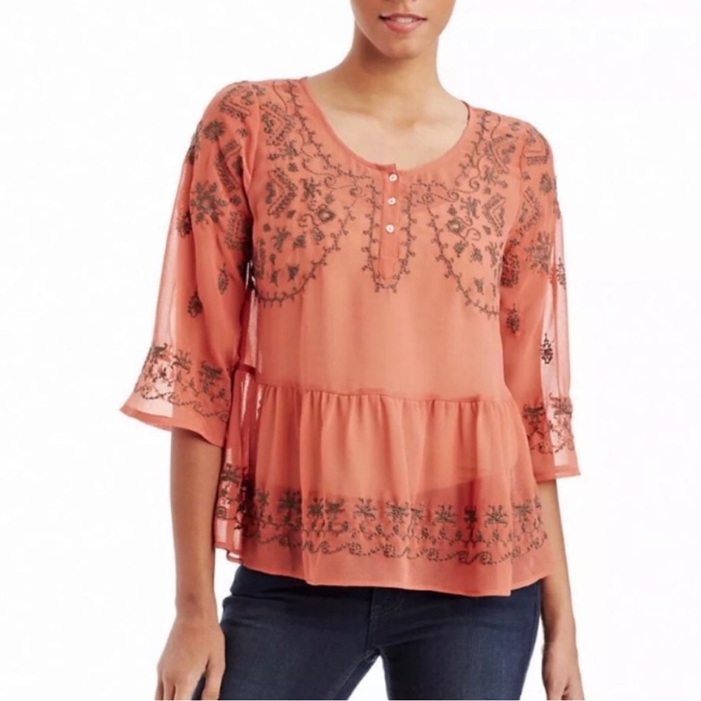 Free People Pennies Sequel Embroidered Semi-Sheer Peplum Top